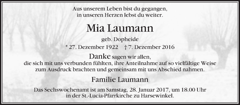  Traueranzeige für Mia Laumann vom 21.01.2017 aus Die Glocke