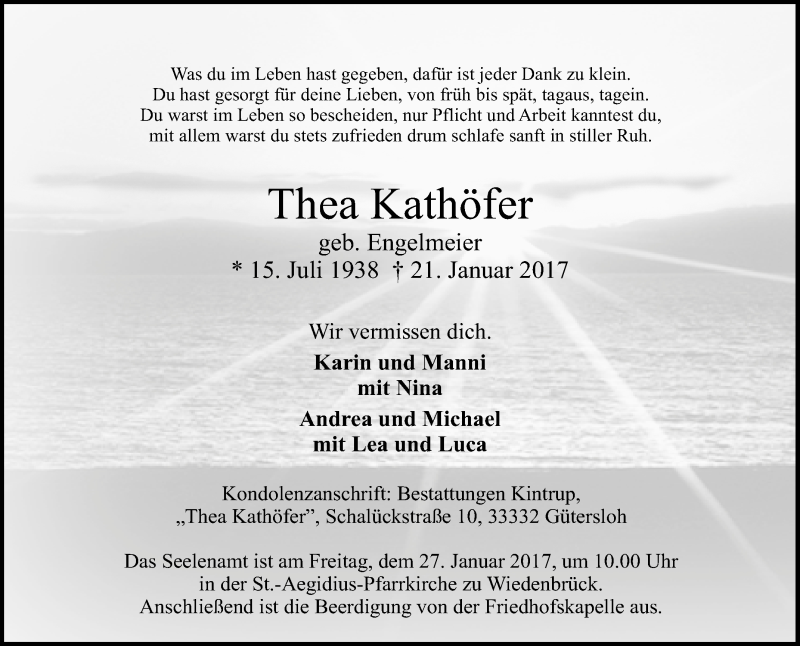  Traueranzeige für Thea Kathöfer vom 24.01.2017 aus Glocke Trauer