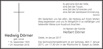 Traueranzeige von Hedwig Dörner von Die Glocke