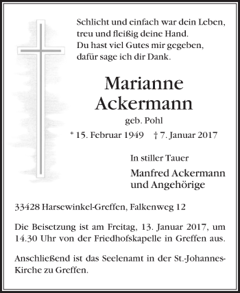 Traueranzeige von Marianne Ackermann von Die Glocke