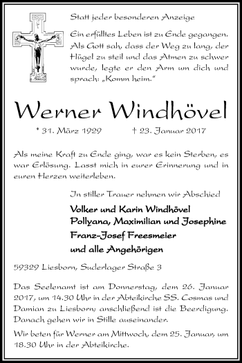 Traueranzeige von Werner Windhövel von Glocke Trauer