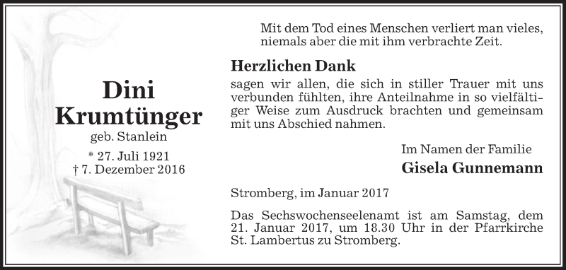  Traueranzeige für Dini Krumtünger vom 14.01.2017 aus Die Glocke