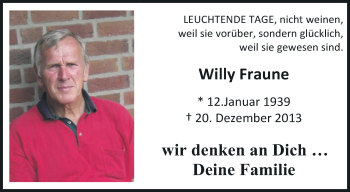 Traueranzeige von Willy Fraune von Die Glocke