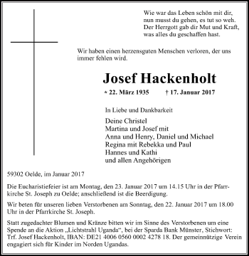 Traueranzeige von Josef Hackenholt von Die Glocke