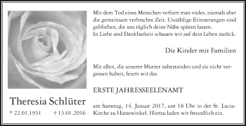 Traueranzeige von Theresia Schlüter von Die Glocke