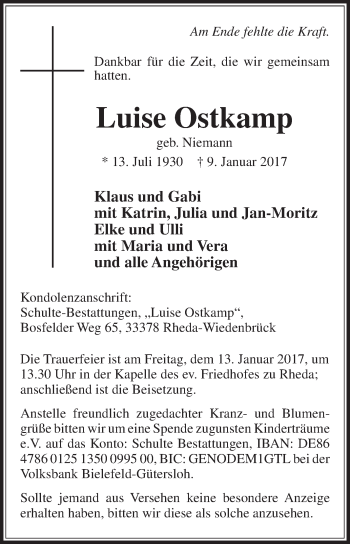 Traueranzeige von Luise Ostkamp von Die Glocke