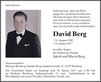 Traueranzeige von David Berg von Die Glocke