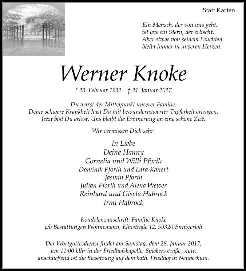  Traueranzeige für Werner Knoke vom 24.01.2017 aus Glocke Trauer