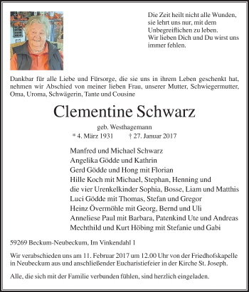Traueranzeige von Clementine Schwarz von Die Glocke