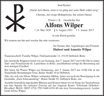 Traueranzeige von Alfons Wilper von Die Glocke