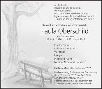 Traueranzeige von Paula Oberschild von Glocke Trauer