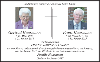 Traueranzeige von Gertrud und Franz Haasmann von Die Glocke