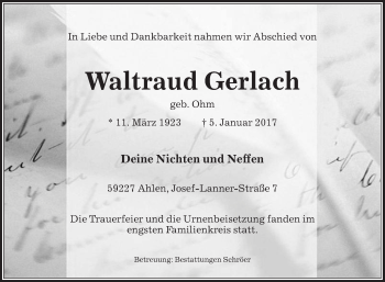 Traueranzeige von Waltraud Gerlach von Die Glocke