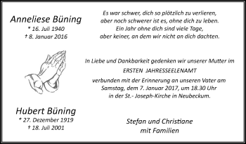 Traueranzeige von Anneliese und Hubert Büning von Die Glocke