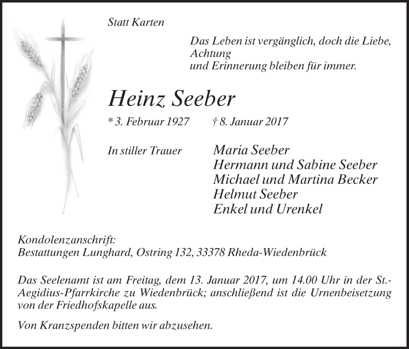  Traueranzeige für Heinz Seeber vom 11.01.2017 aus Die Glocke