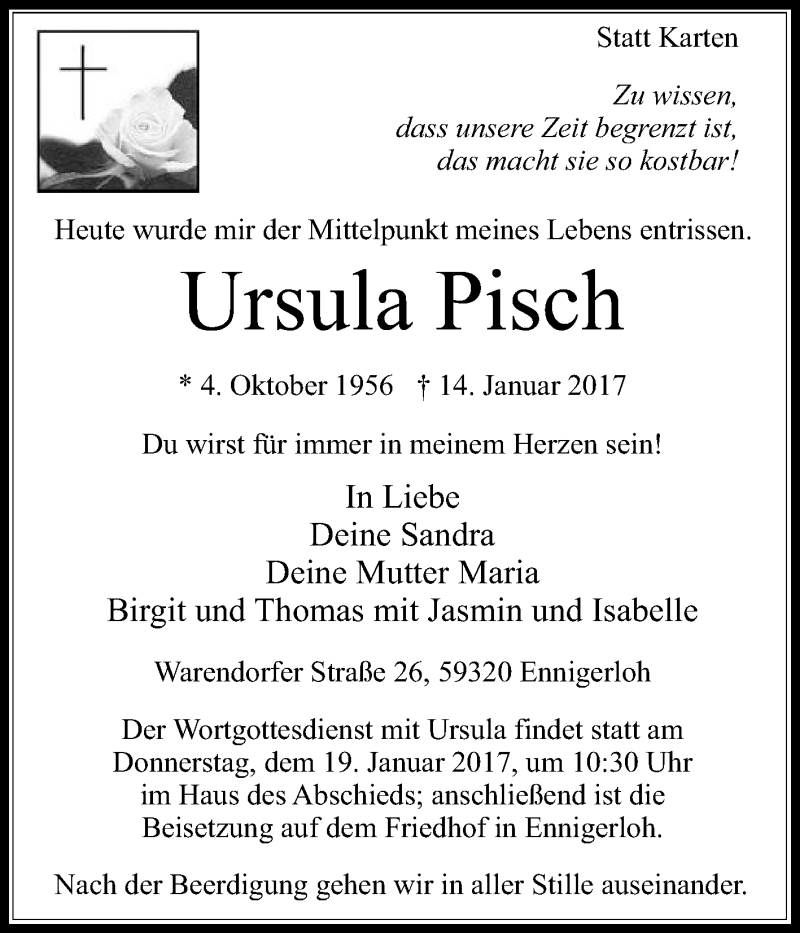  Traueranzeige für Ursula Pisch vom 17.01.2017 aus Die Glocke