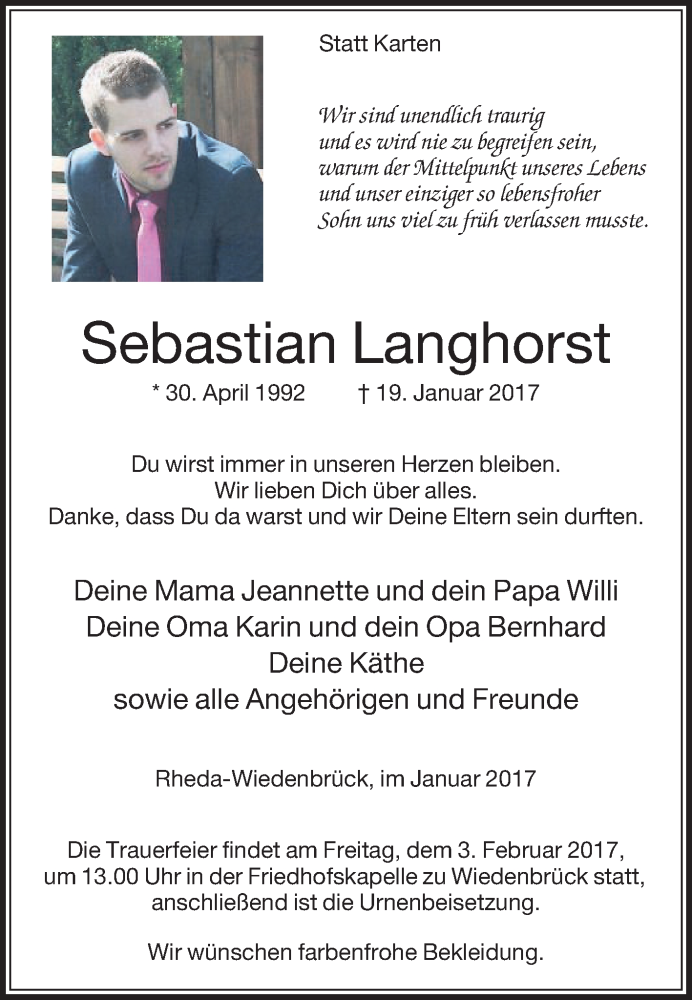  Traueranzeige für Sebastian Langhorst vom 28.01.2017 aus Die Glocke