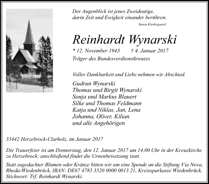  Traueranzeige für Reinhardt Wynarski vom 07.01.2017 aus Die Glocke