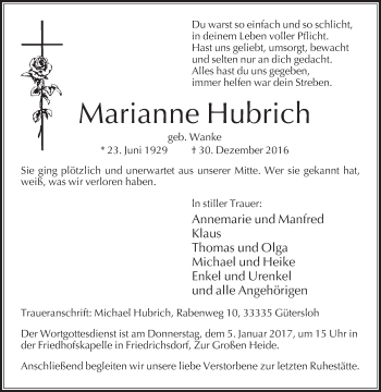 Traueranzeige von Marianne Hubrich von Die Glocke