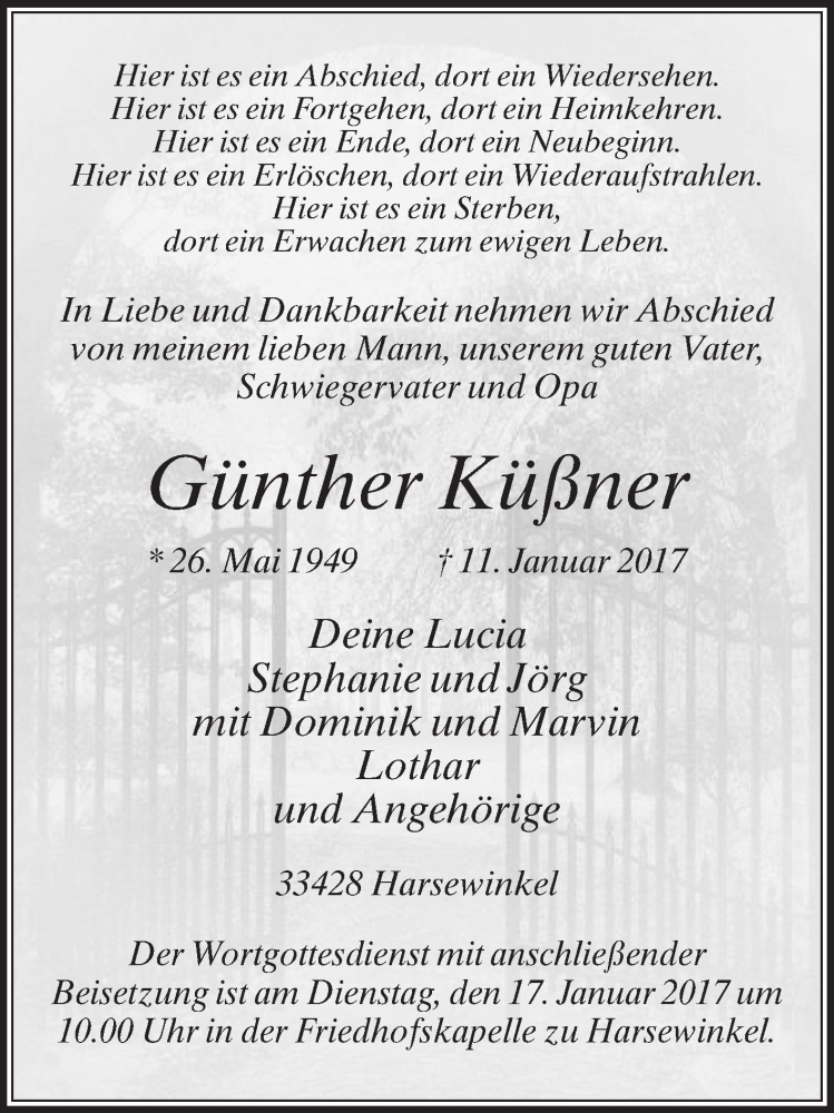  Traueranzeige für Günther Küßner vom 14.01.2017 aus Die Glocke