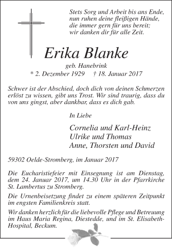 Traueranzeige von Erika Blanke von Die Glocke