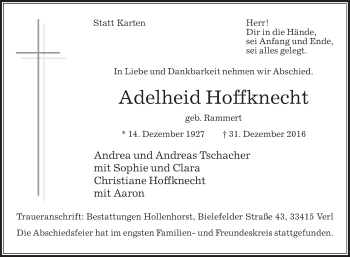 Traueranzeige von Adelheid Hoffknecht von Die Glocke