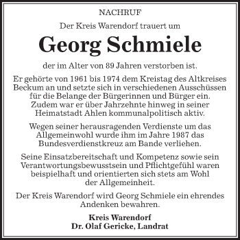 Traueranzeige von Georg Schmiele von Die Glocke