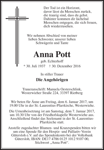 Traueranzeige von Anna Pott von Die Glocke