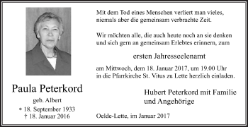 Traueranzeige von Paula Peterkord von Die Glocke