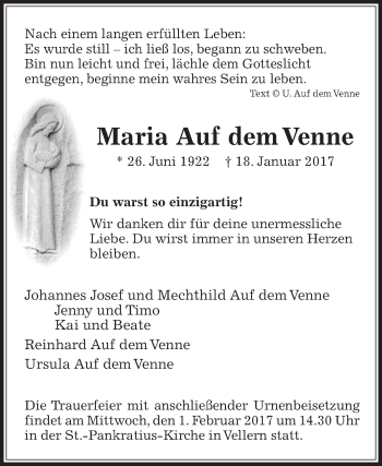Traueranzeige von Maria Auf dem Venne von Die Glocke