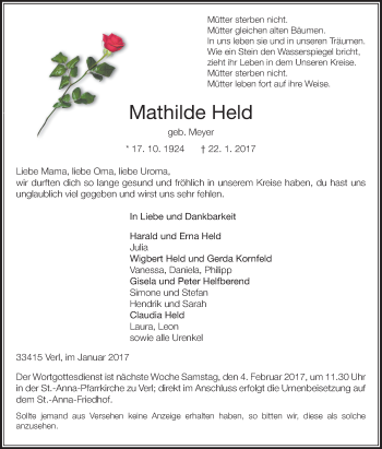 Traueranzeige von Mathilde Held von Glocke Trauer