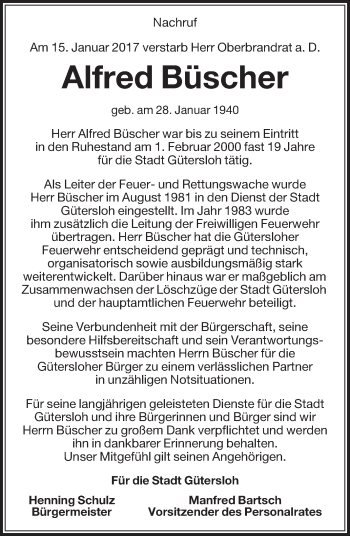 Traueranzeige von Alfred Büscher von Die Glocke