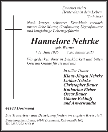 Traueranzeige von Hannelore Nehrke von Die Glocke