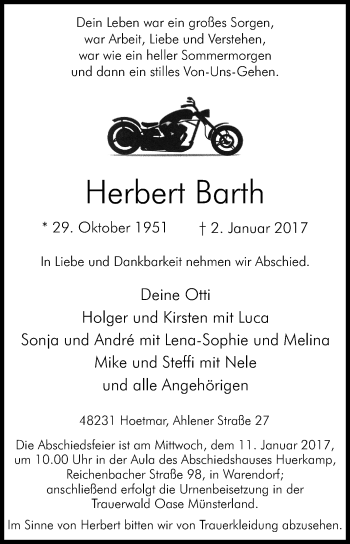 Traueranzeige von Herbert Barth von Die Glocke