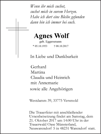 Traueranzeige von Agnes Wolf von Die Glocke