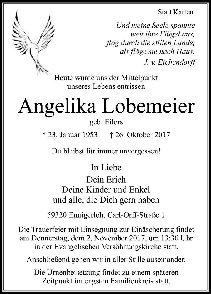  Traueranzeige für Angelika Lobemeier vom 31.10.2017 aus Die Glocke