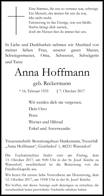 Traueranzeige von Anna Hoffmann von Die Glocke