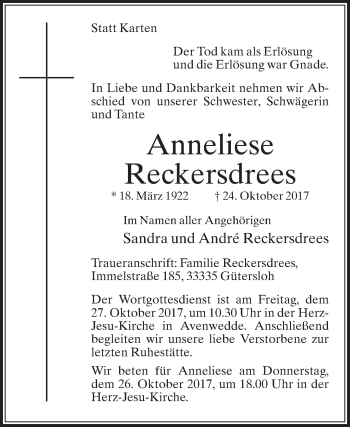 Traueranzeige von Anneliese Reckersdrees von Die Glocke