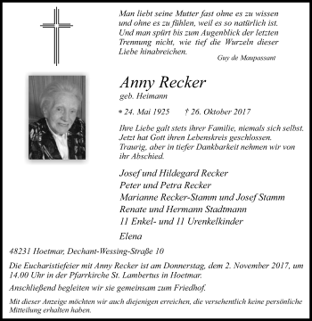 Traueranzeige von Anny Recker von Die Glocke