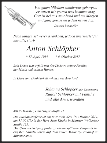 Traueranzeige von Anton Schlöpker von Die Glocke