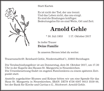 Traueranzeige von Arnold Gehle von Die Glocke