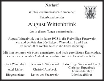 Traueranzeige von August Wittenbrink von Die Glocke