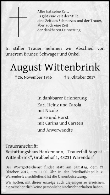 Traueranzeige von August Wittenbrink von Die Glocke