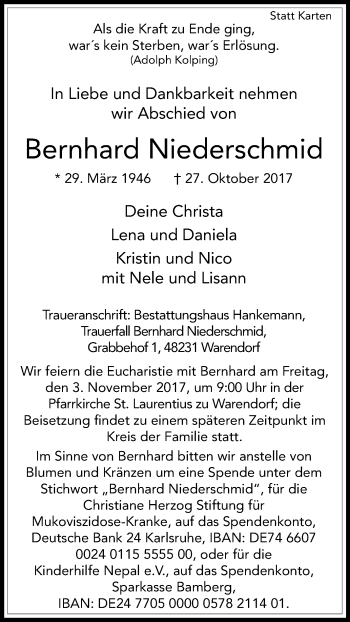 Traueranzeige von Bernhard Niederschmid von Die Glocke