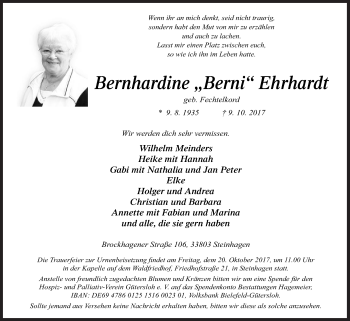 Traueranzeige von Bernhardine Berni Ehrhardt von Die Glocke