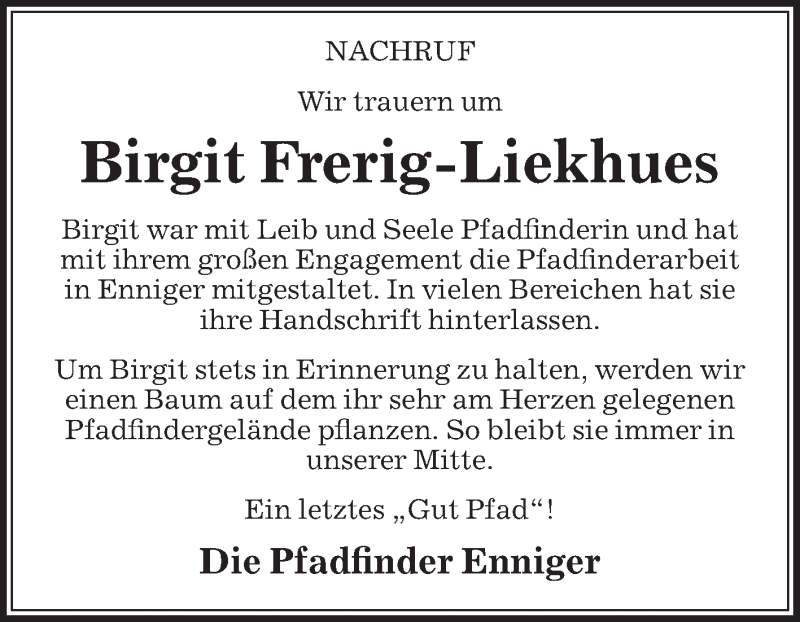  Traueranzeige für Birgit Frerig-Liekhues vom 14.10.2017 aus Die Glocke