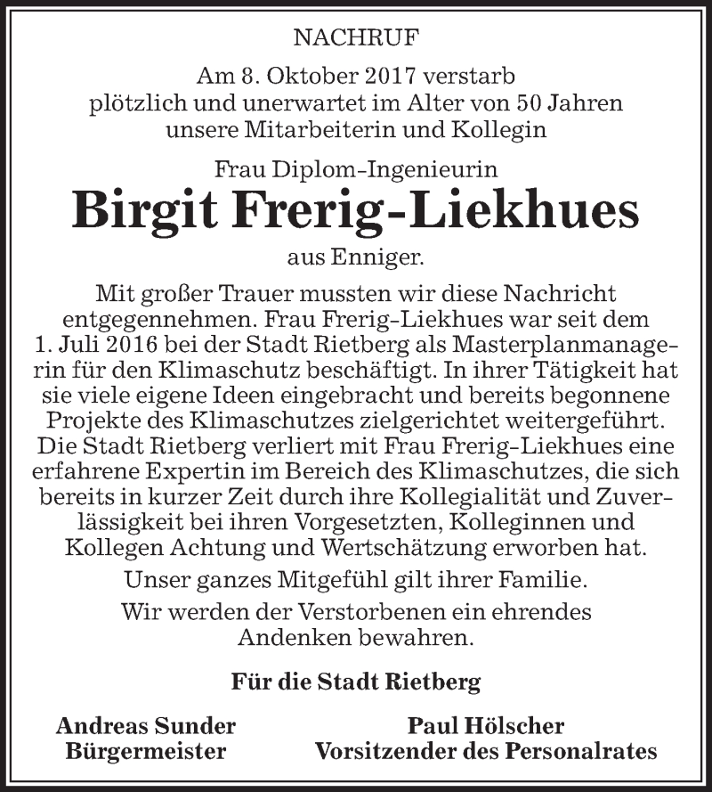  Traueranzeige für Birgit Frerig-Liekhues vom 12.10.2017 aus Die Glocke