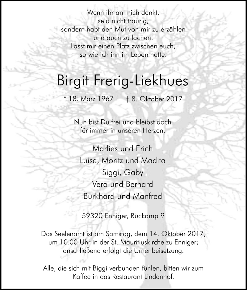 Traueranzeige für Birgit Frerig-Liekhues vom 11.10.2017 aus Die Glocke