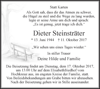 Traueranzeige von Dieter Steinsträter von Die Glocke