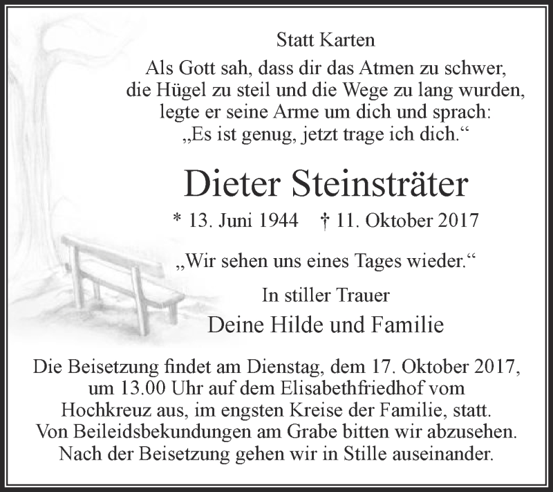  Traueranzeige für Dieter Steinsträter vom 14.10.2017 aus Die Glocke